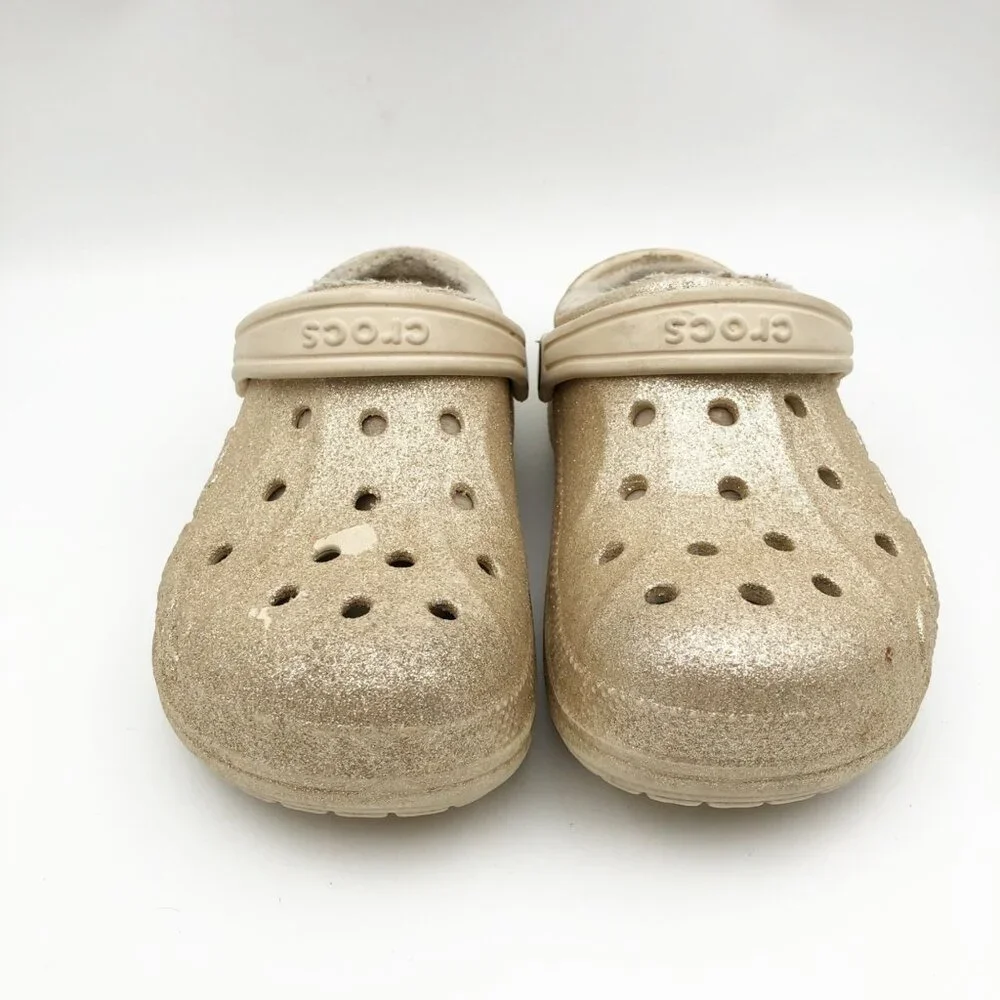 CROCS Gold Glitter Slip On Rubber Fur Lined Clogs Kids 3